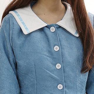 Collared Puff-sleeve Corduroy Shirtdress