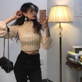 Chiffon Panel Mock-neck Crop Sweater
