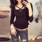 Long-sleeve Cross-strap Plain Top