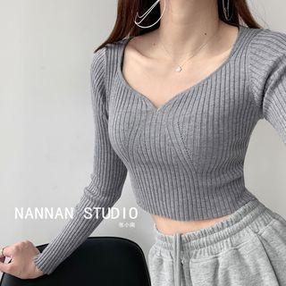 Deep V-neck Rib-knit Crop Top In 4 Colors