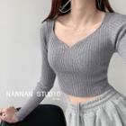 Deep V-neck Rib-knit Crop Top In 4 Colors