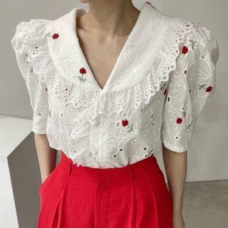 Peter Pan Collar Embroidered Eyelet Lace Blouse