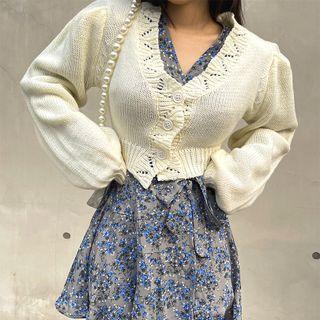 Padded-shoulder Perforated Cardigan