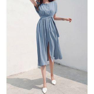 Half-placket Slit-front Midi Dress With Sash Blue - Xl