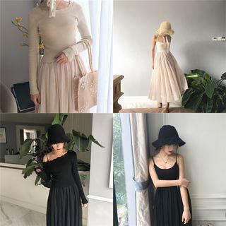 Long-sleeve T-shirt / Strappy Maxi Chiffon Dress