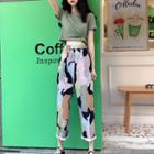 Short Sleeve Plain Top / Multicolor Print Pants