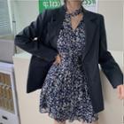 Long-sleeve Flower Print Mini A-line Dress / Plain Blazer / Set