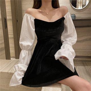 Long-sleeve Color-block A-line Dress Dress - One Size