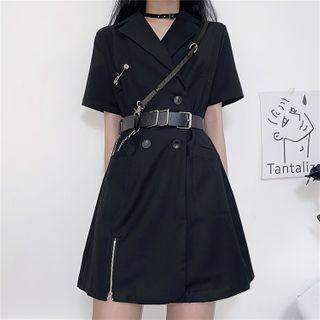 Short-sleeve Double-breasted Mini A-line Dress / Belt