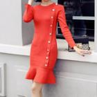 Ruffle Hem Button Detail Long-sleeve Knit Dress