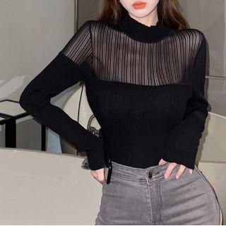 Mock-neck Mesh Panel Knit Top Black - One Size