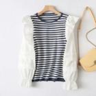 Long-sleeve Striped Panel Frill Trim Blouse