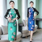 Traditional Chinese 3/4-sleeve Printed Midi Sheath Dress