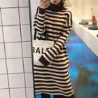 Turtleneck Stripe Long-sleeve Midi Knit Dress