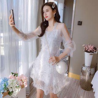 Puff-sleeve Sequined A-line Dress