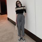 Striped Short-sleeve Knit Top / Straight Fit Pants / Belt