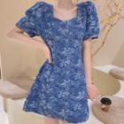 Short-sleeve Print Denim Mini A-line Dress