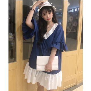 Color Panel V-neck Elbow Sleeve Dress