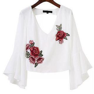 3/4-sleeve Embroidered Ruffled Top