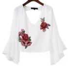 3/4-sleeve Embroidered Ruffled Top