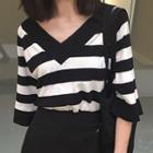 Striped Elbow Sleeve V-neck Knit Top