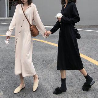 Long-sleeve Knitted Plain Collar V-neck High-waist Loose-fit Midi Dress