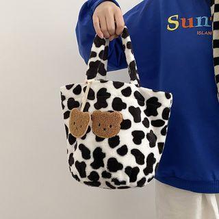 Milk Cow Print Bear Fleece Tote Bag