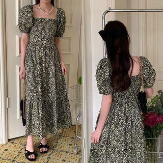 Puff-sleeve Floral Midi A-line Dress Floral - Almond & Black - One Size