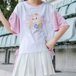 Raglan-sleeve Bow-detail Printed Tee