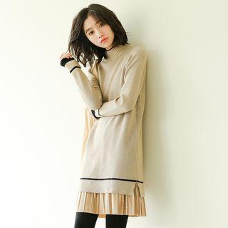 Mock Neck Long-sleeve Mini Pleated Dress Almond - One Size
