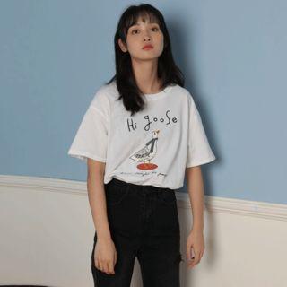 Short-sleeve Goose Print T-shirt White - One Size