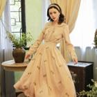 Long-sleeve Corduroy Embroidered Midi A-line Collared Dress