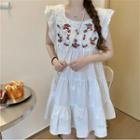 Flower Embroidered Lace Panel Sleeveless Mini A-line Dress White - One Size