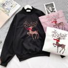 Deer Embroidered Mock-neck Loose-fit Sweatshirt