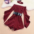 Plain Off Shoulder Bell Sleeve Playsuit With Belt + Choker