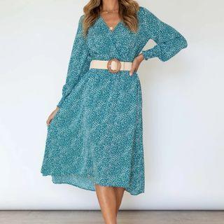 Bishop-sleeve Floral Print Midi A-line Dress