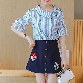 Set: Cartoon Print Striped Elbow Sleeve Chiffon Top + Flower Embroidered A-line Skirt