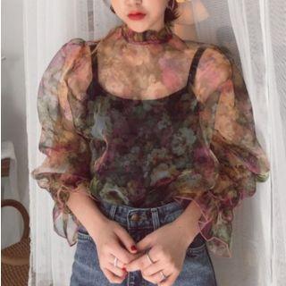 Set: Floral Print Sheer Blouse + Camisole