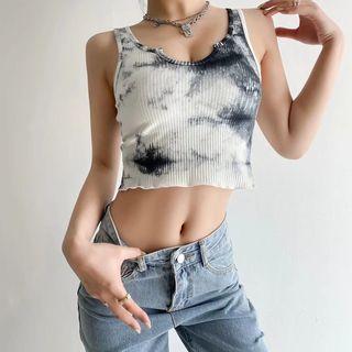 Notched Tie Dye Crop Tank Top