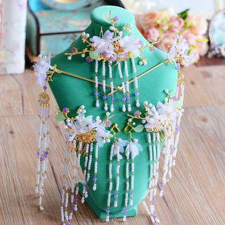 Chinese Wedding Set: Fringed Headpiece + Hair Pins + Clip-on Earrings