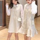 Mock Two-piece Long-sleeve Tweed Panel Mini A-line Dress