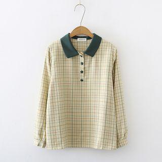 Long-sleeve Plaid Polo Shirt Beige - One Size