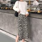 Plain Sweater / Leopard Print Midi Sheath Skirt