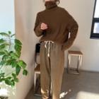 Turtleneck Plain Sweater/ Straight-cut Drawstring Pants