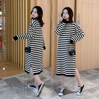 Long-sleeve Striped Split Hem Dress