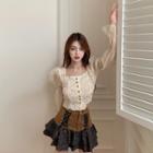 Set: Long-sleeve Square-neck Plain Mesh Blouse / High-waist Faux Leather Panel Plaid Lace-up Skirt