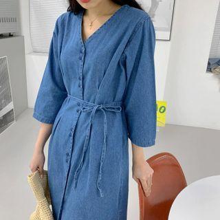 Pleated-waist Midi Denim Shirtdress One Size