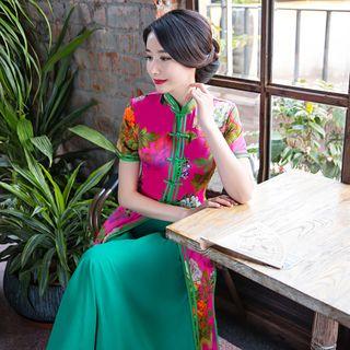 Set: Short-sleeve Cheongsam + Sleeveless A-line Midi Dress