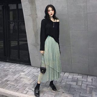 Plain Loose-fit Long-sleeve Top / High-waist Skirt
