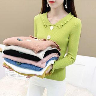 Long-sleeve Ruffle Trim Color Block Accent Knit Top